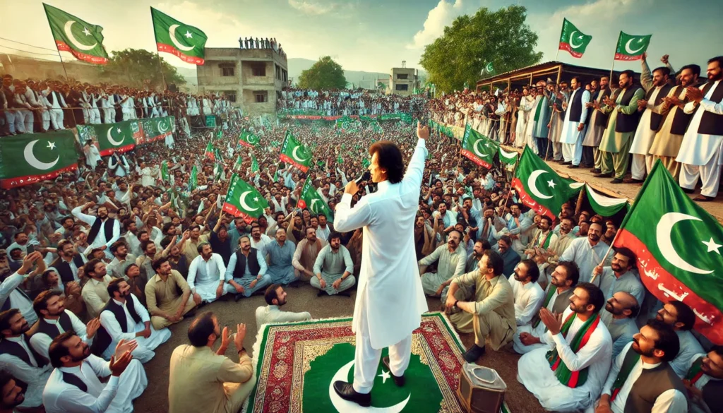 DALL·E 2024 09 08 04.42.10 A large political rally in Pakistan featuring a charismatic leader resembling Imran Khan addressing a massive crowd. The rally is filled with green an