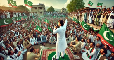 DALL·E 2024 09 08 04.42.10 A large political rally in Pakistan featuring a charismatic leader resembling Imran Khan addressing a massive crowd. The rally is filled with green an