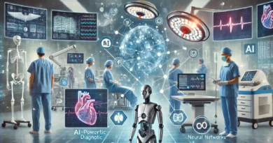 DALL·E 2024 10 05 11.25.11 An image depicting AI in healthcare with futuristic medical technology elements such as AI powered diagnostic tools robotic surgery and wearable he