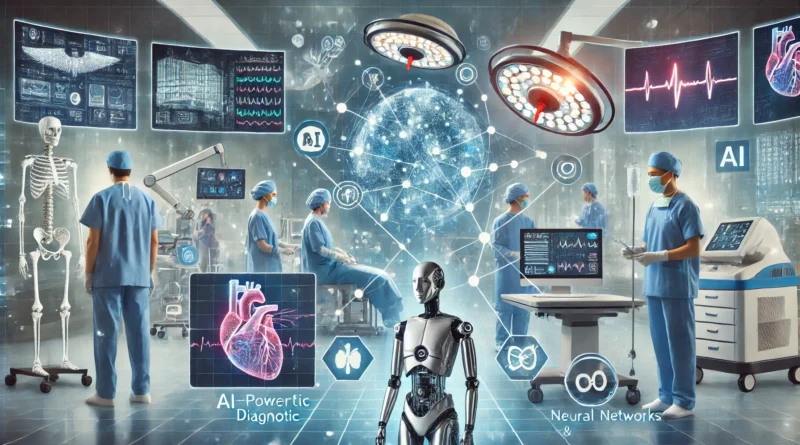 DALL·E 2024 10 05 11.25.11 An image depicting AI in healthcare with futuristic medical technology elements such as AI powered diagnostic tools robotic surgery and wearable he