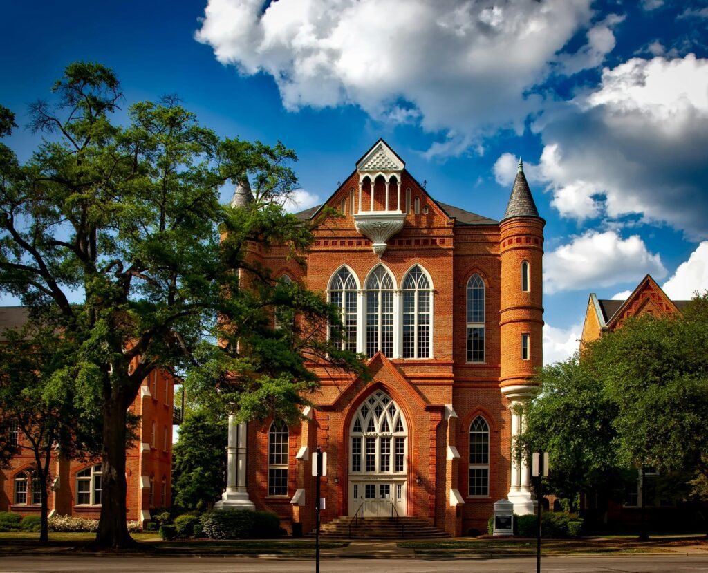 Captivating view of Clark Hall at the University of Alabama with its iconic brick facade.