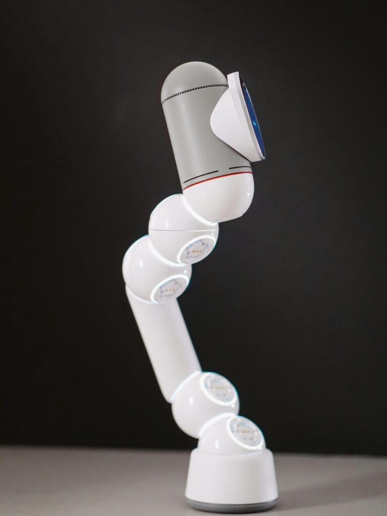 Close-up of a futuristic articulated robot arm highlighting innovation and technology.