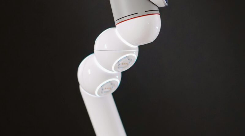 Close-up of a futuristic articulated robot arm highlighting innovation and technology.