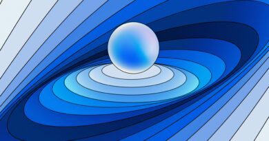 3D abstract rendering of a gradient blue design with a central sphere.