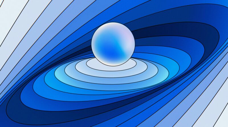 3D abstract rendering of a gradient blue design with a central sphere.