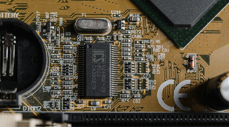 Detailed view of circuit components on a printed circuit board (PCB).